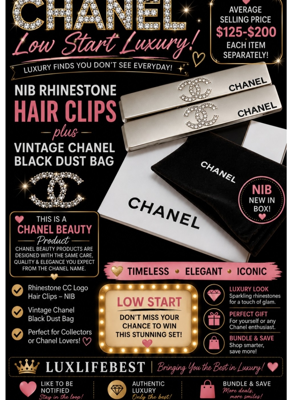 LIVE CHANEL Rhinestone‎ CC Logo Hair Clip Vintage Black Chanel Dust Jewelry Bag